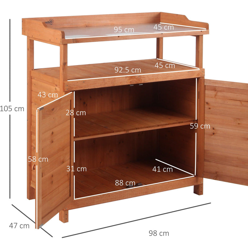Potting Bench With Cupboard, Galvanized Top - 98x47x105 cm Outsunny