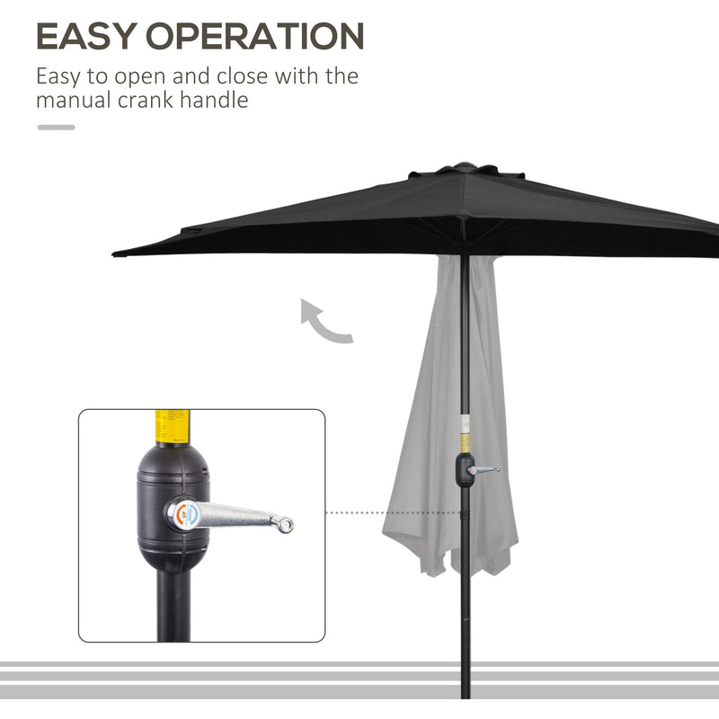Outsunny 2.7m Balcony Half Parasol 5 Steel Ribs Construction Garden Outdoor Umbrella Black Outsunny