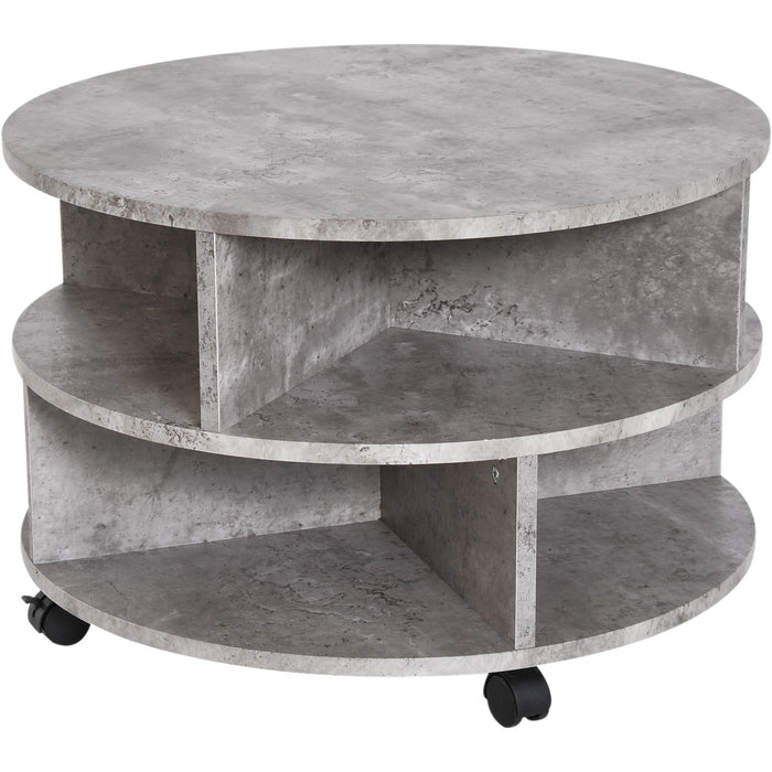 Round Side Table with Shelves and Wheels, Cement Colour