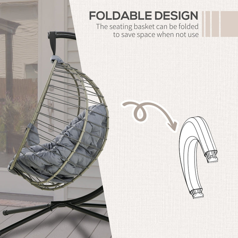 Large Grey Hanging Egg Chair, Foldable, Cushion, Metal Stand