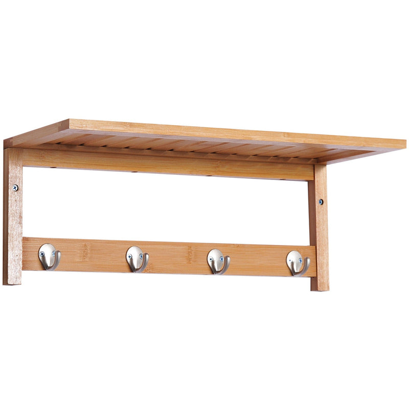 Wall Mounted Coat Rack with Rail and Shelf, 4 Hooks, Bamboo