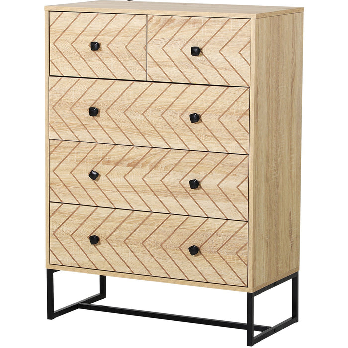 Unique 5 Drawer Chest, Zig Zag Design, Black Metal Handles