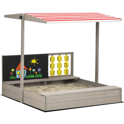 Outsunny Kids Wooden Sandpit, Sandbox with Canopy & Seats, for Gardens - Grey Outsunny