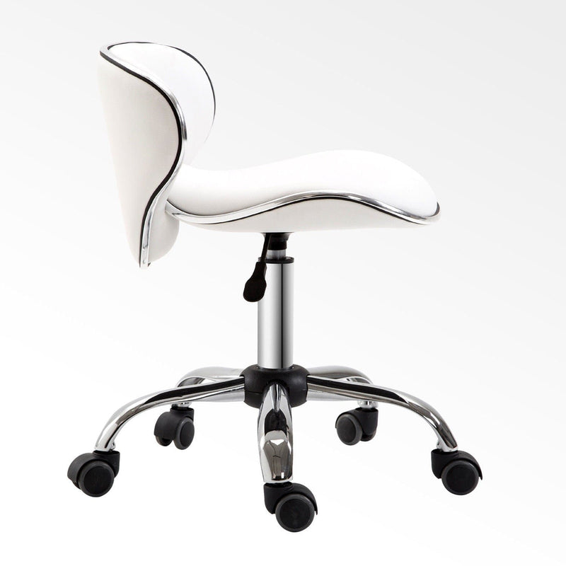 Salon Chair With Wheels, White Faux Leather