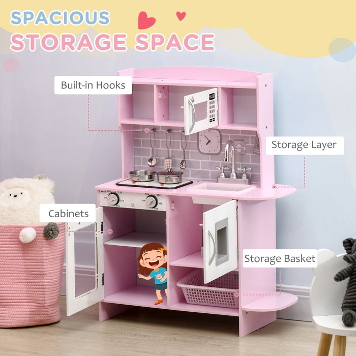 Wooden Play Kitchen, Lights, Sounds, Water Dispenser, Pink