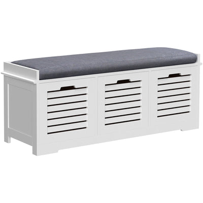 White Shoe Storage Bench, 3 Drawers, Grey Cushion Homcom