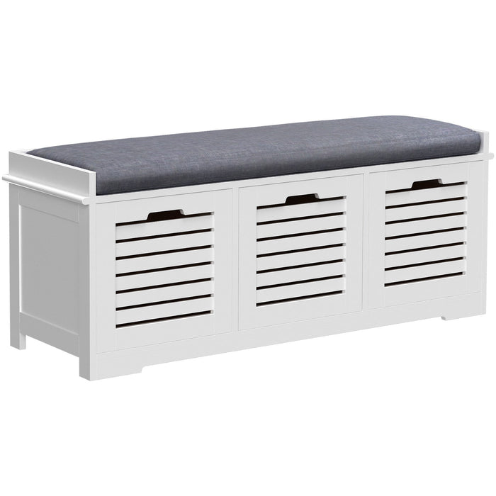 White Shoe Storage Bench, 3 Drawers, Grey Cushion