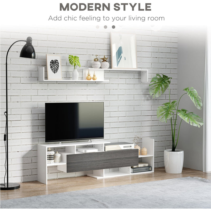 White & Grey TV Cabinet with Wall Shelf and Storage