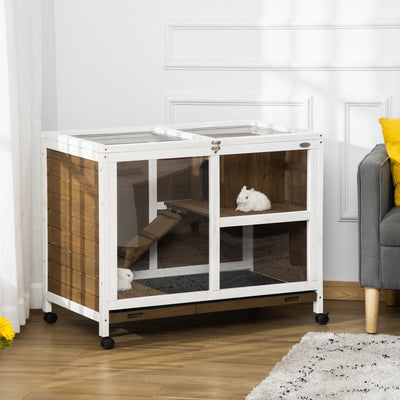 2 Level Indoor Rabbit Hutch With Wheels, Brown Pawhut