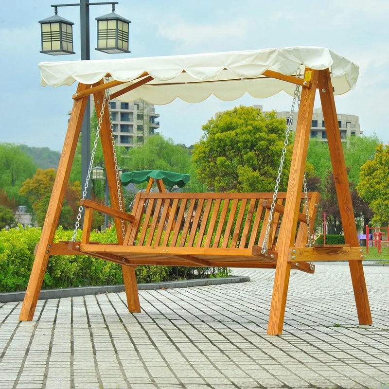 3 Seater Wooden Garden Swing, Cream White Outsunny