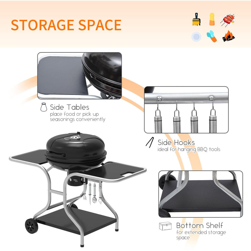 Charcoal Trolley BBQ with Wheels, Side Trays, Hooks