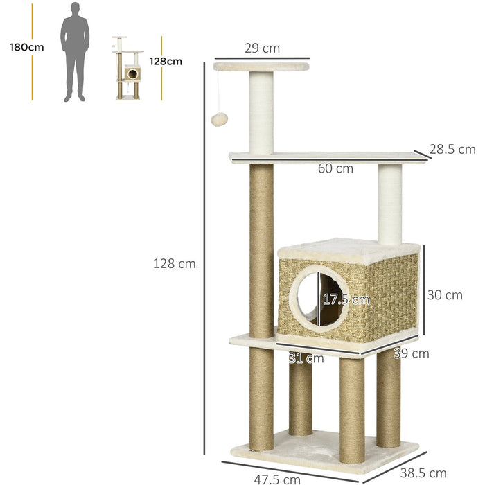 Beige Cat Tower: Activity Centre & Jute Scratching Post