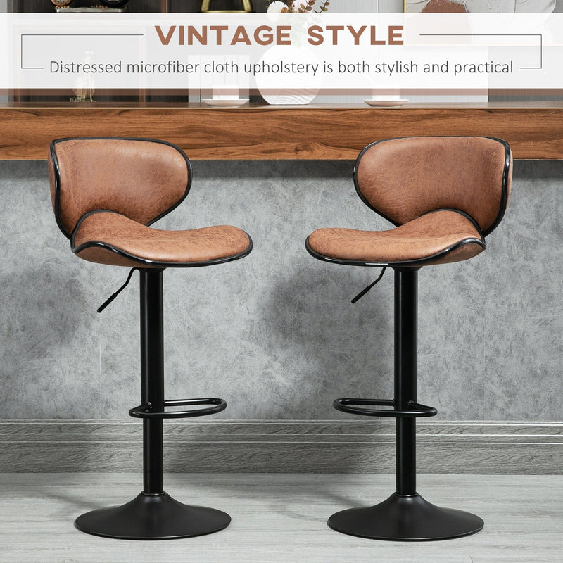 Set of 2 Kitchen Bar Stools, Brown Microfiber