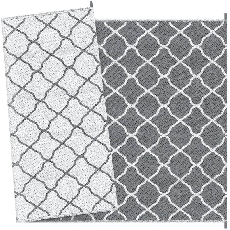 Outsunny Reversible Outdoor Rug with Carry Bag and Ground Stakes, Waterproof Plastic Straw Mat for Backyard, Deck, RV, Picnic, Camping Grey & White Outsunny