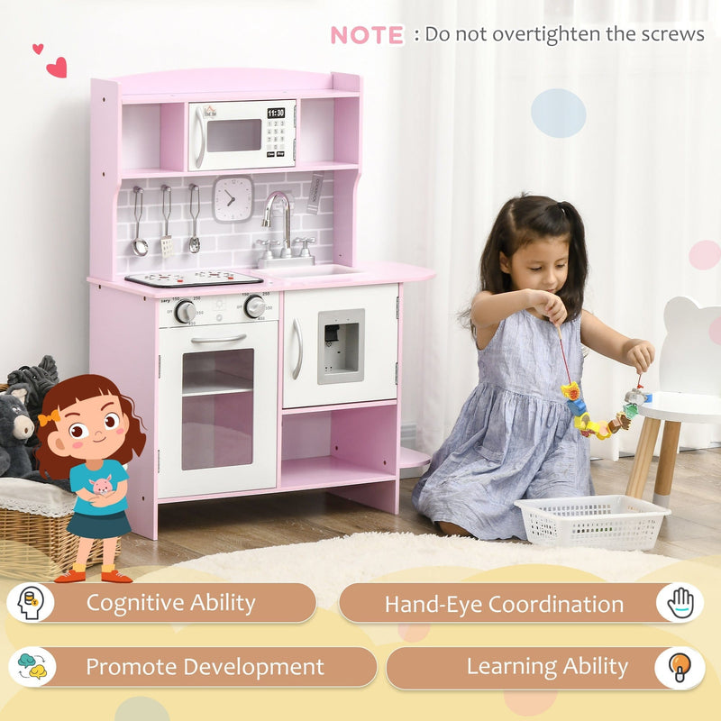 Wooden Play Kitchen, Lights, Sounds, Water Dispenser, Pink