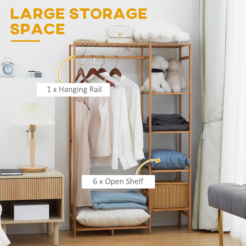 6-Tier Bamboo Clothes Rack with Hanging Rod
