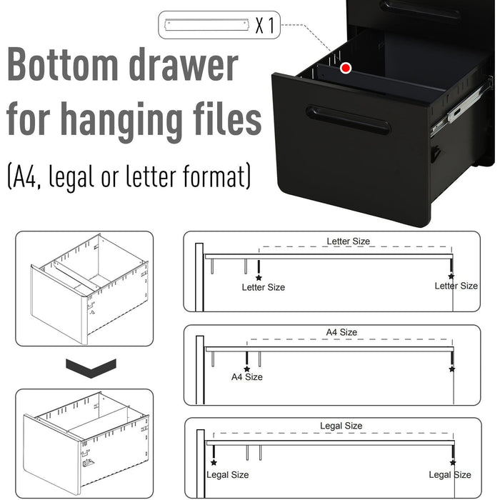 Mobile File Cabinet, 3 Drawers, Lockable, Fully Assembled