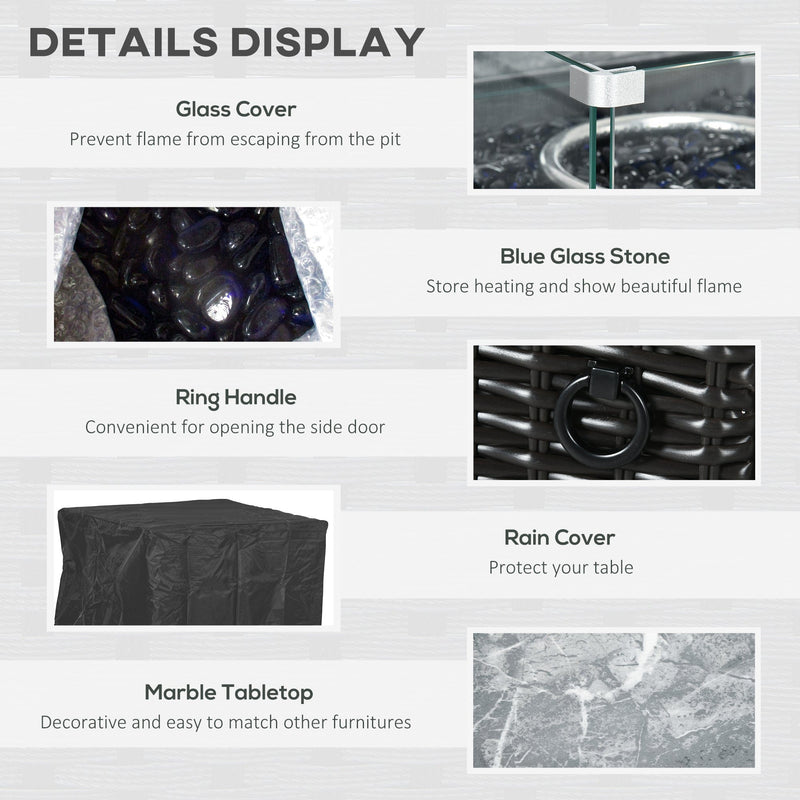 Rattan Gas Fire Pit with Marble Top Black