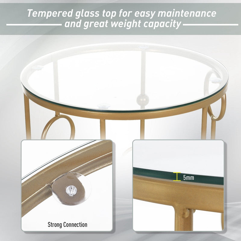 Set of 2 Gold Round Coffee Tables, Tempered Glass