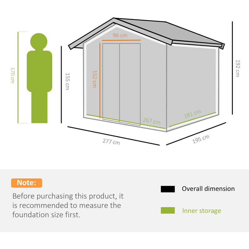 9x6FT Metal Garden Shed Apex Roof, Vents & Double Doors