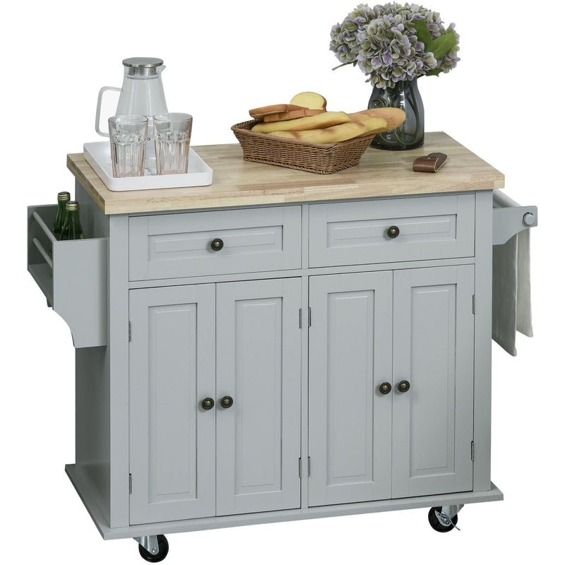 Kitchen Island on Wheels, Rubber Wood Top, Storage, Grey