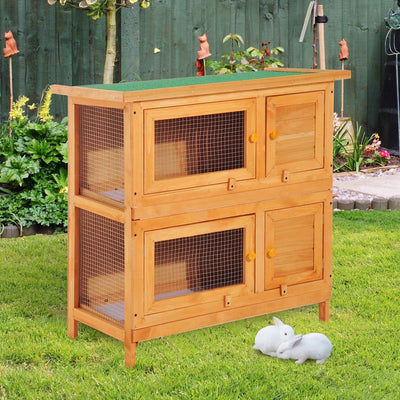 Wooden 2 Tier Rabbit Hutch - Eco-Friendly Water Painted, Water-Resistant Pitch Roof, Fir Wood & Steel, Easy Clean, Excellent Ventilation, Vintage Yellow/Green Pawhut