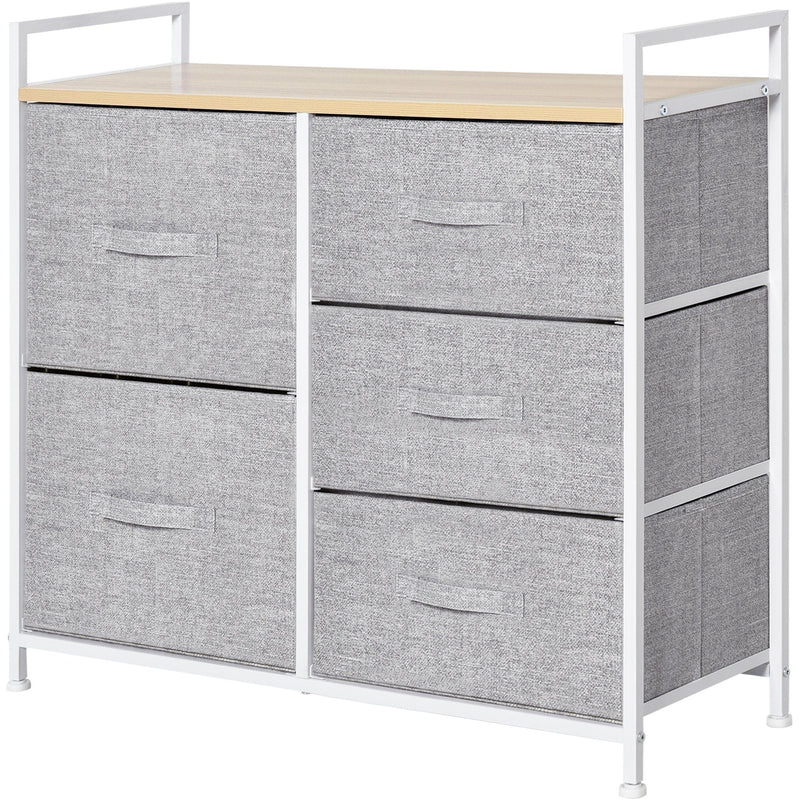 HOMCOM 5 Drawer Linen Basket Storage Unit Home Organisation w/ Shelf Handles Metal Frame Adjustable Feet Hallway Home Dresser Grey Homcom