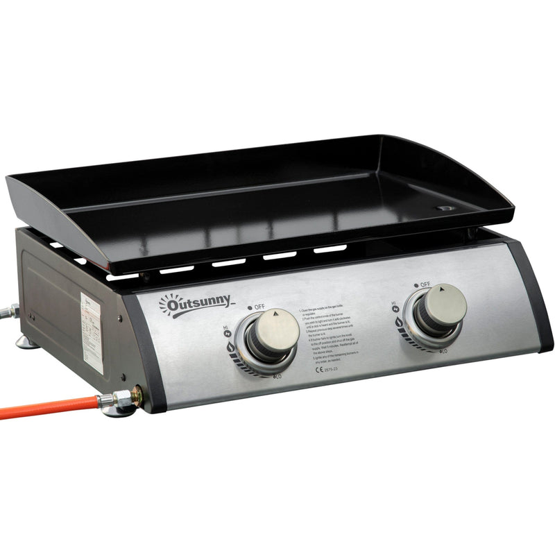 Outsunny Gas Plancha Grill with 2 Stainless Steel Burner, 6kW, Portable Tabletop Gas BBQ w/Non-Stick Griddle for Camping Picnic Garden Party Festival Outsunny