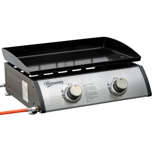 Outsunny Gas Plancha Grill with 2 Stainless Steel Burner, 6kW, Portable Tabletop Gas BBQ w/Non-Stick Griddle for Camping Picnic Garden Party Festival Outsunny