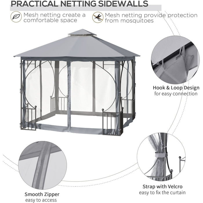Metal Frame Gazebo With Privacy Curtains, Double Tier, 3x3m