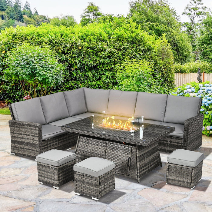 9 Seater Rattan Corner Sofa with Fire Pit Table & Footstools