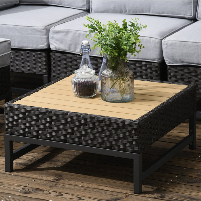 Outdoor Rattan Corner Sofa with Wood Grain Table & Cushions