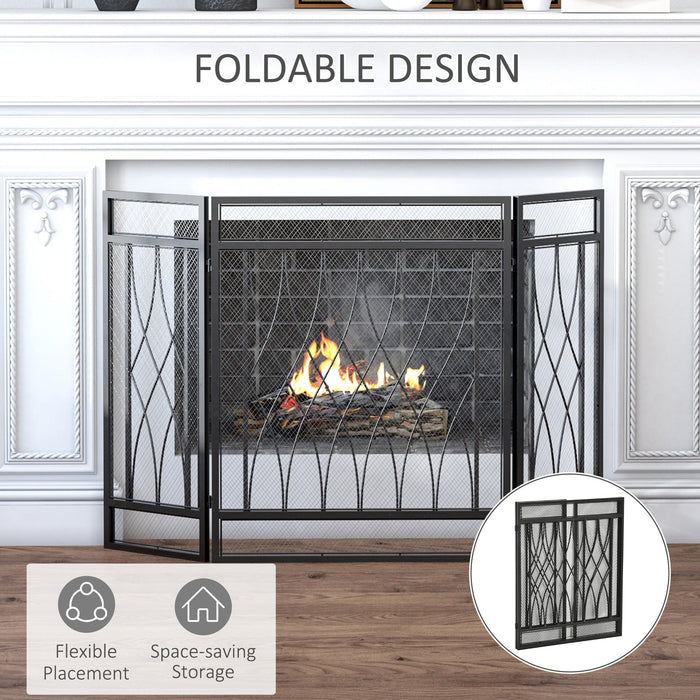 3-Panel Folding Fireplace Screen, Metal Mesh, Black