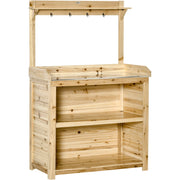 Outsunny Garden Potting Bench Table, Wooden Workstation Bench w/ Galvanized Metal Tabletop, Storage Shelves and Hooks, Natural Outsunny