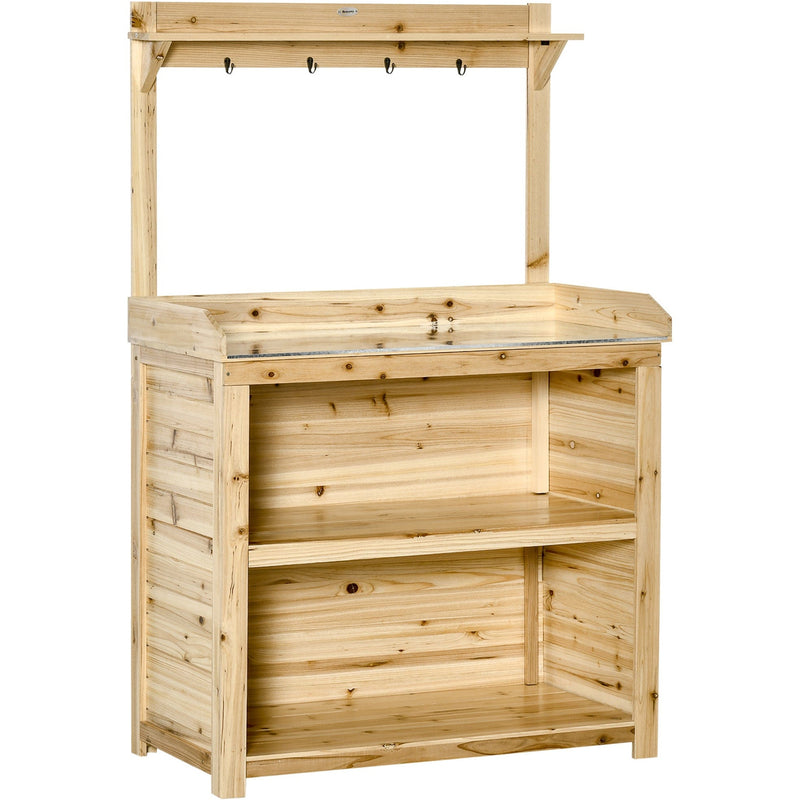 Outsunny Garden Potting Bench Table, Wooden Workstation Bench w/ Galvanized Metal Tabletop, Storage Shelves and Hooks, Natural Outsunny