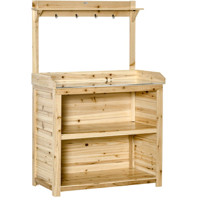 Outsunny Garden Potting Bench Table, Wooden Workstation Bench w/ Galvanized Metal Tabletop, Storage Shelves and Hooks, Natural Outsunny