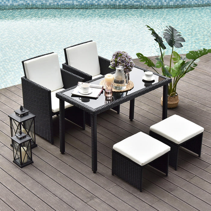 Rattan Dining Set with Table, Chairs & Footstools