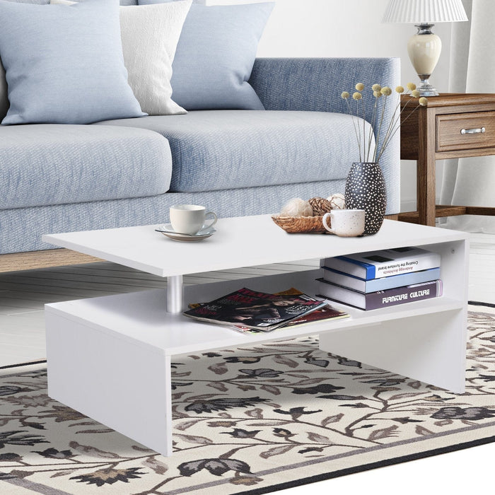 2 Tier Modern Coffee Table with Open Shelf, White