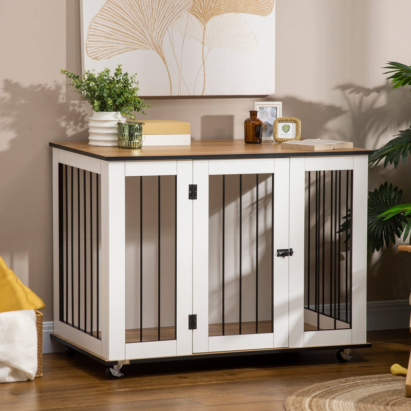 Large Dog Cage End Table with Wheels, Front Latch, White