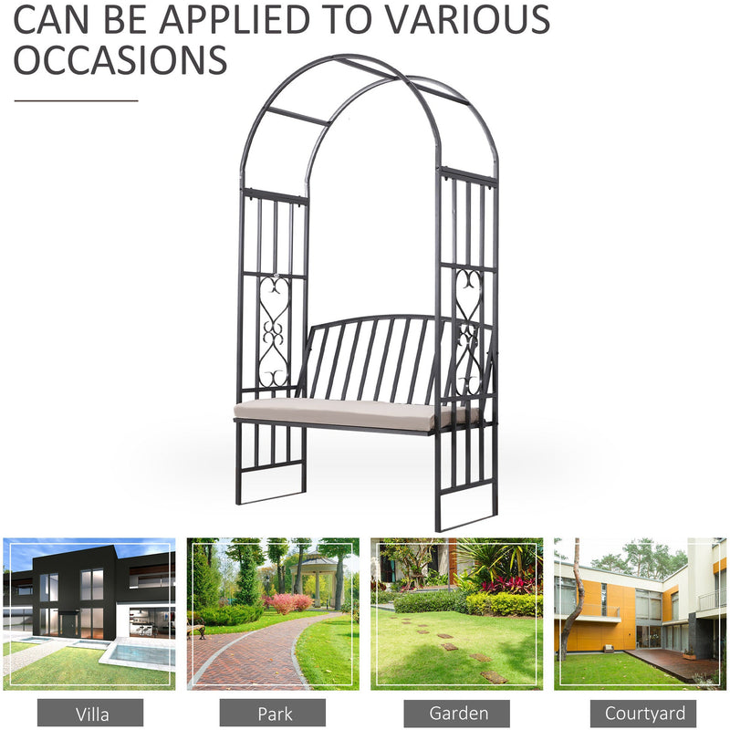 Metal Arch Garden Bench with Cushion, 114x60x206cm, Black Outsunny