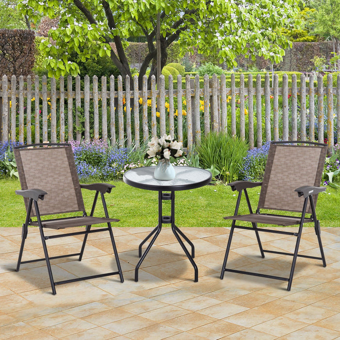 Folding Patio Bistro Set, 2 Folding Chairs, Glass Table, Brown