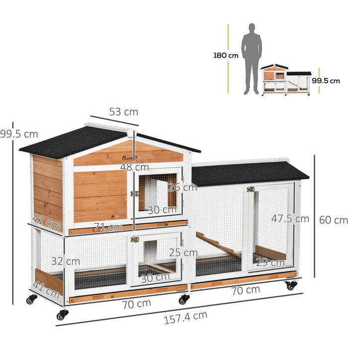 PawHut Mobile Rabbit Hutch with Ramp Wooden Two-Tier